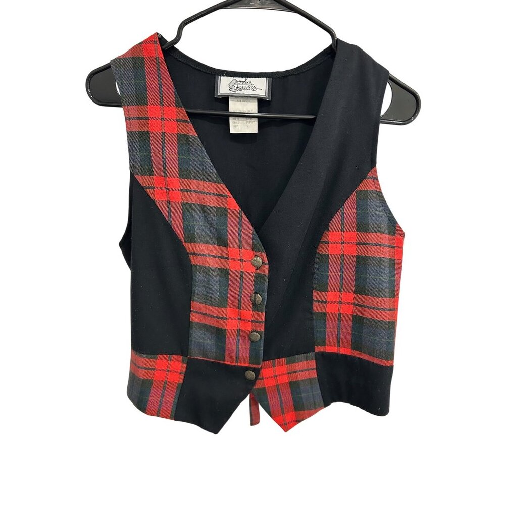 Body Exteriors Vintage Button Front Plaid Vest Black Red Sz 7 Western Ranch